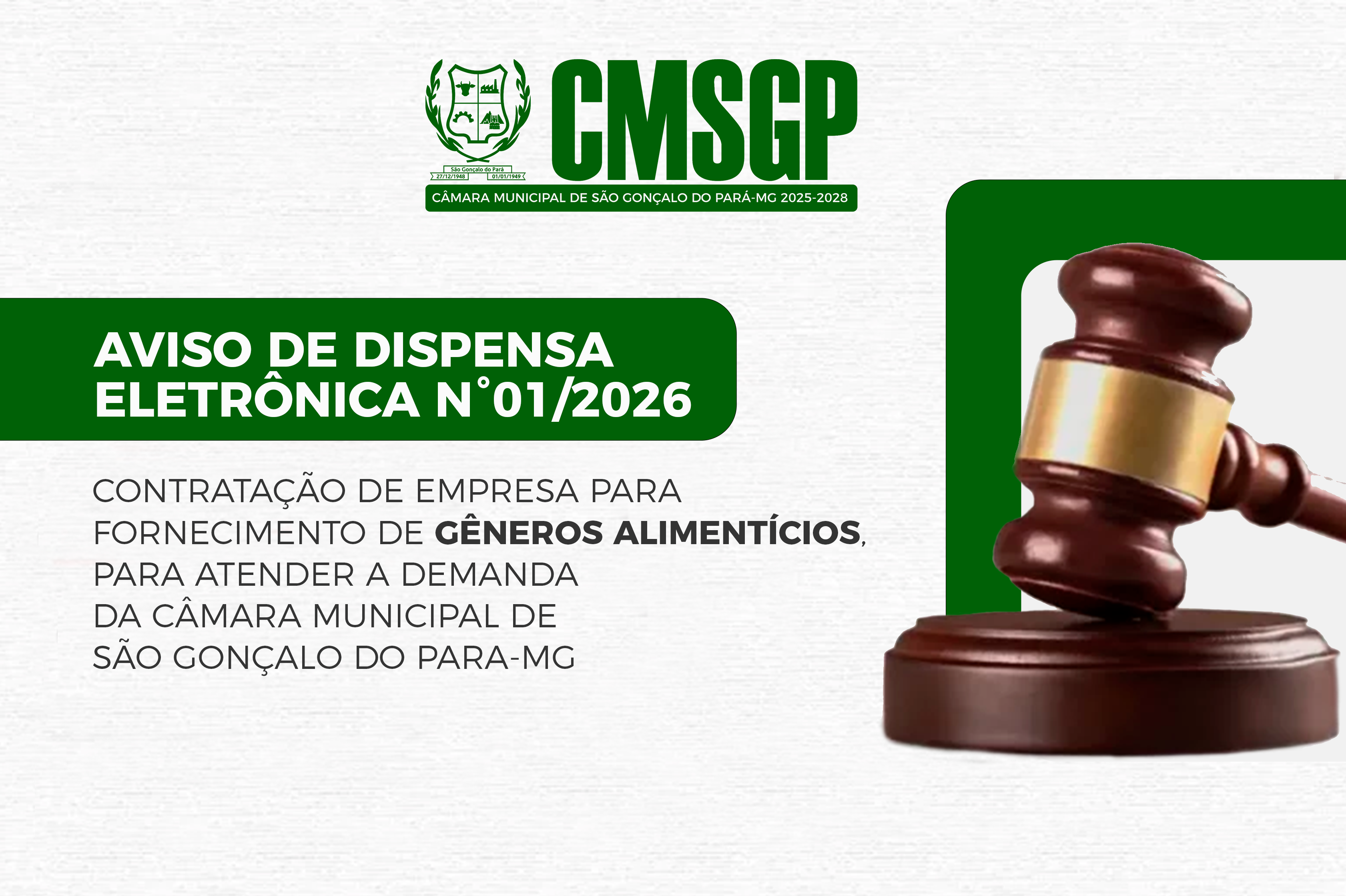 Aviso de Dispensa Eletrônica N°01/2026 para contratação empresa para o  fornecimento de gêneros alimentícios.