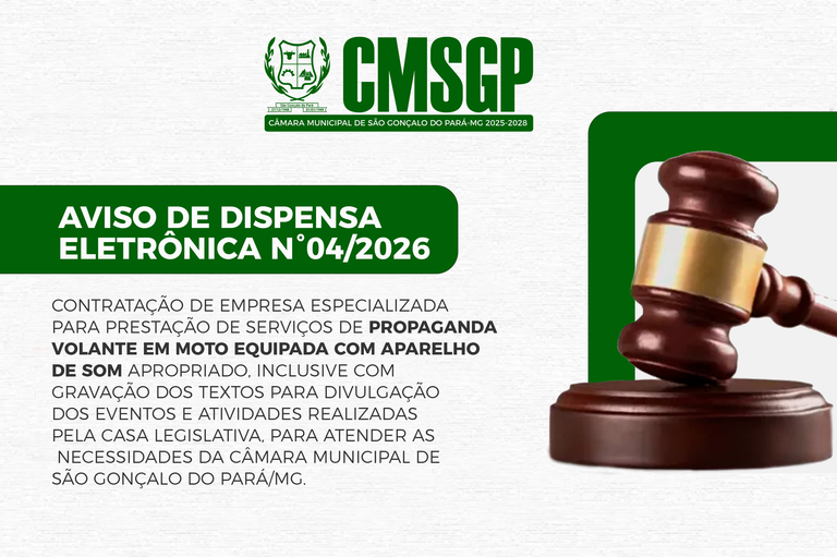 Aviso de Dispensa Eletrônica n°04/2026 de empresa especializada para prestação de serviços de propaganda volante em moto.