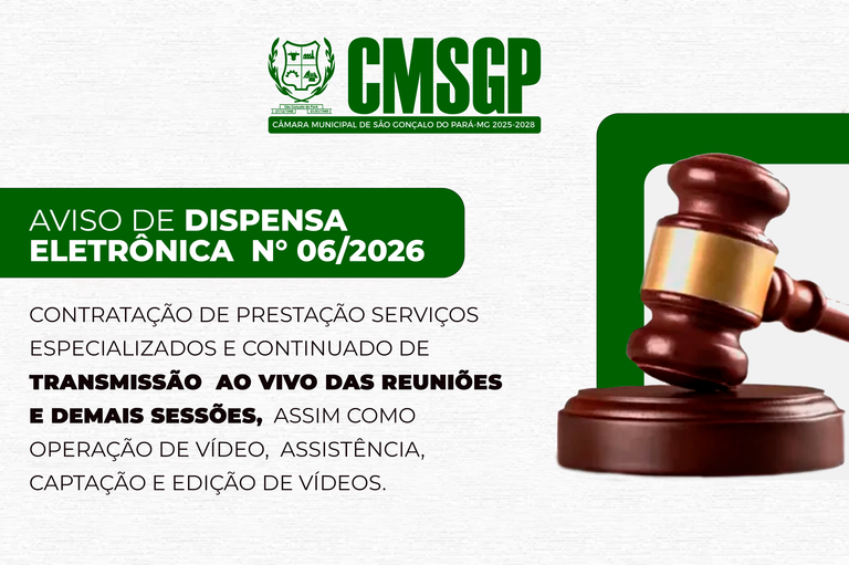 Aviso de Dispensa Eletrônica N°06/2026 para contratação de empresa para transmissão ao vivo das reuniões