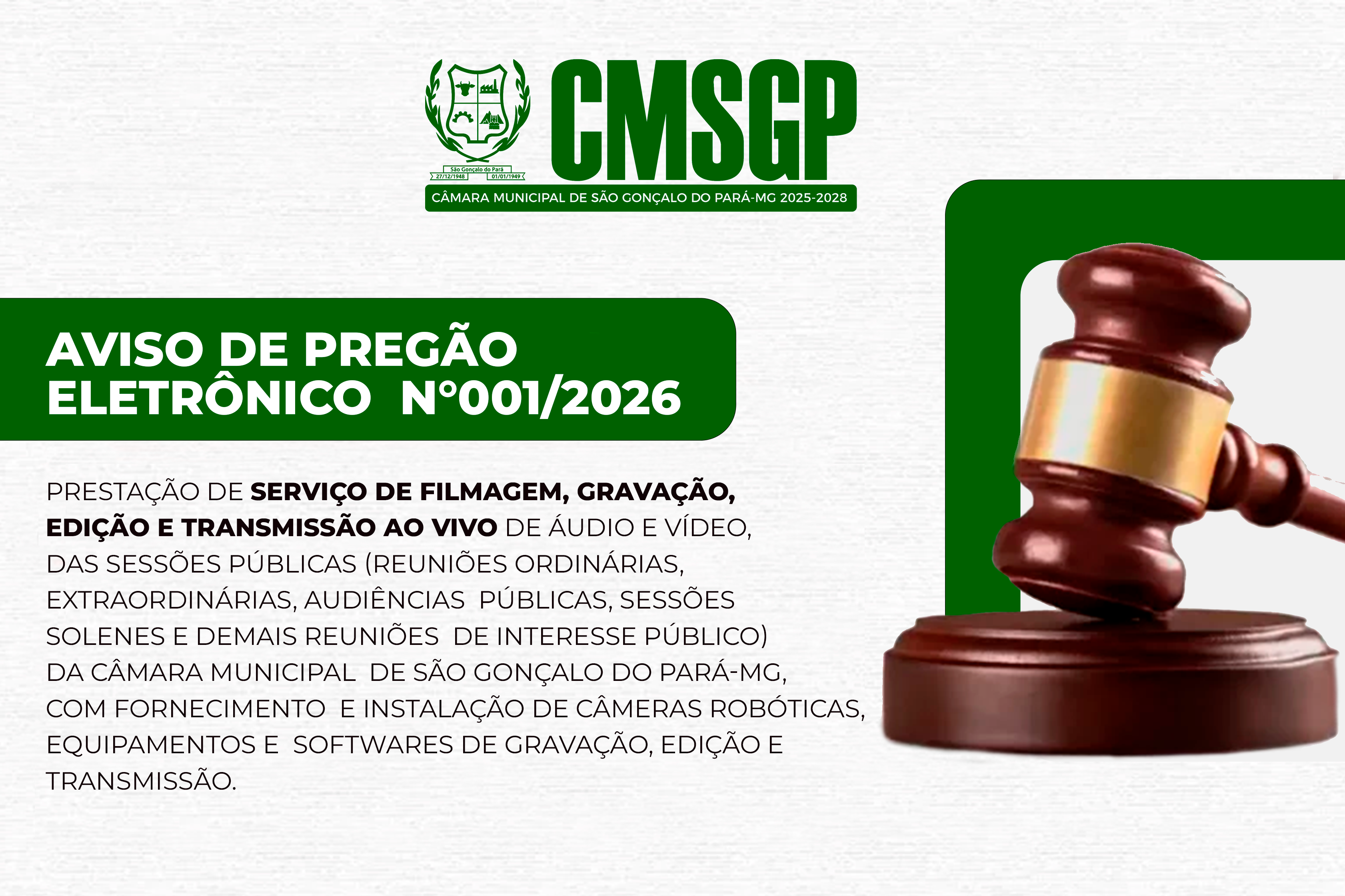 Aviso de Pregão Eletrônico 001/2026 para prestação de serviço de filmagem, edição e transmissão ao vivo, das sessões públicas