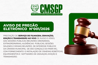 Aviso de Pregão Eletrônico 001/2026 para prestação de serviço de filmagem, edição e transmissão ao vivo, das sessões públicas