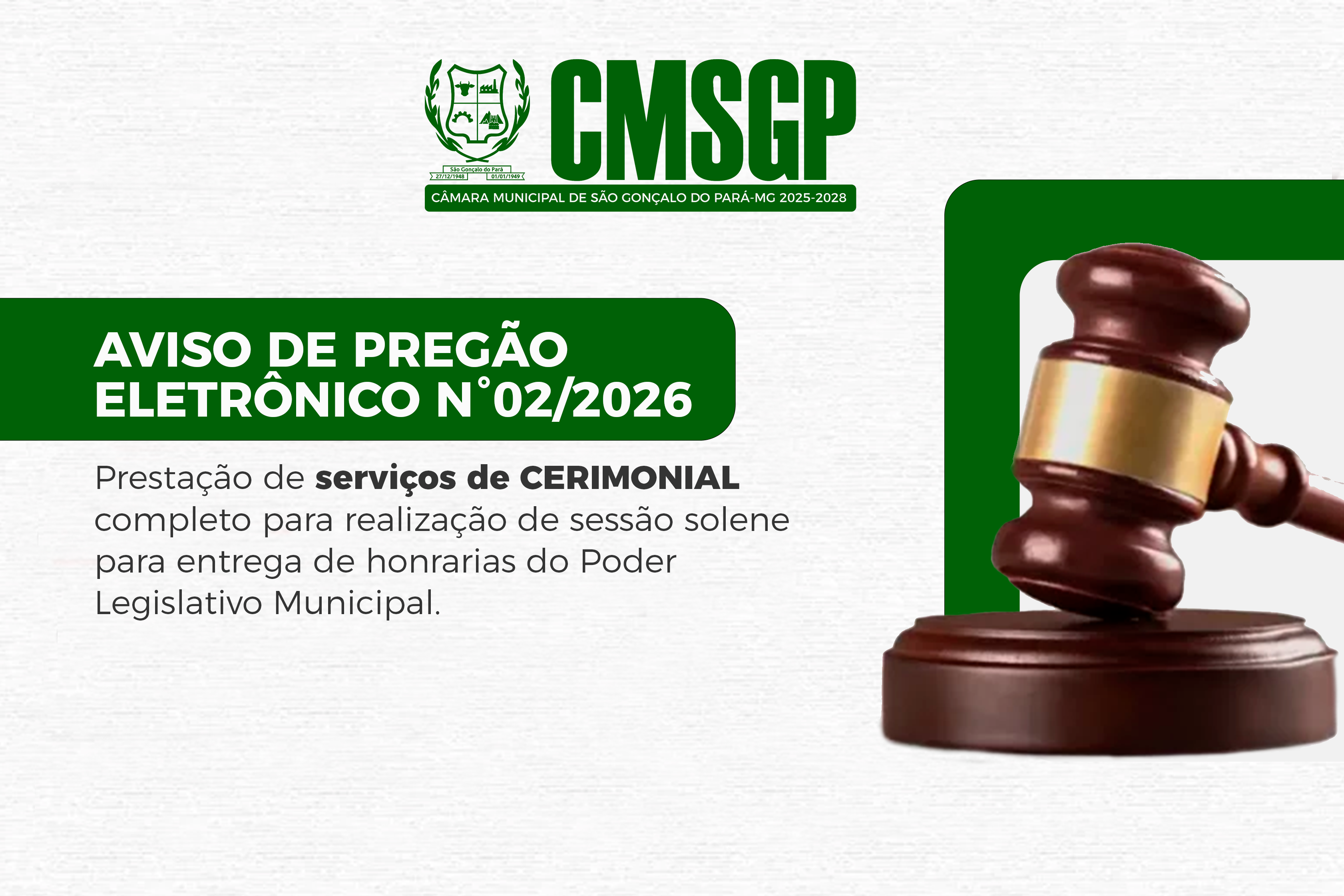 Aviso de Pregão Eletrônico 002/2026 para prestação de serviços de Cerimonial completo para realização de sessão solene