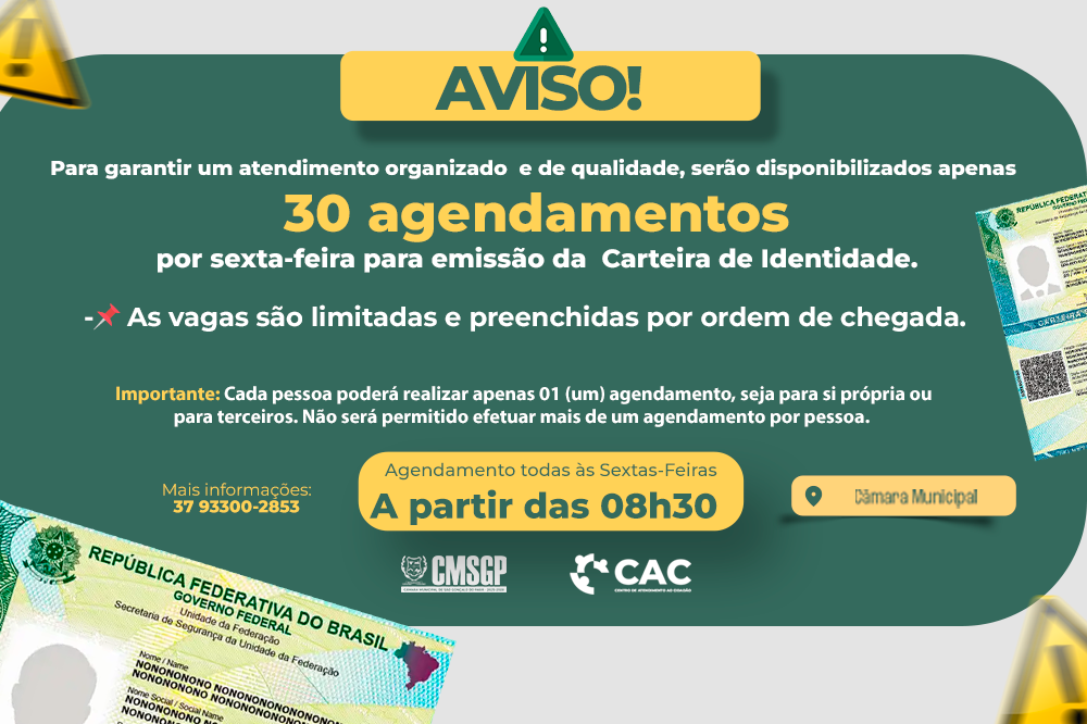 Câmara Municipal informa sobre novo sistema de agendamento para emissão da Carteira de Identidade
